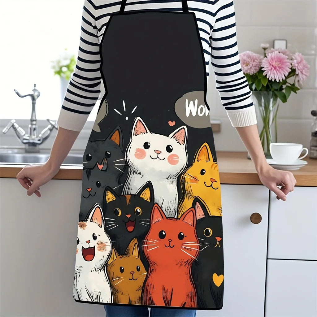 Cute Cat Pattern Polyester Apron Vibrant Cartoon Cats with Hearts & Stars DesignKitchen Apron for Cooking, Baking Home Decor