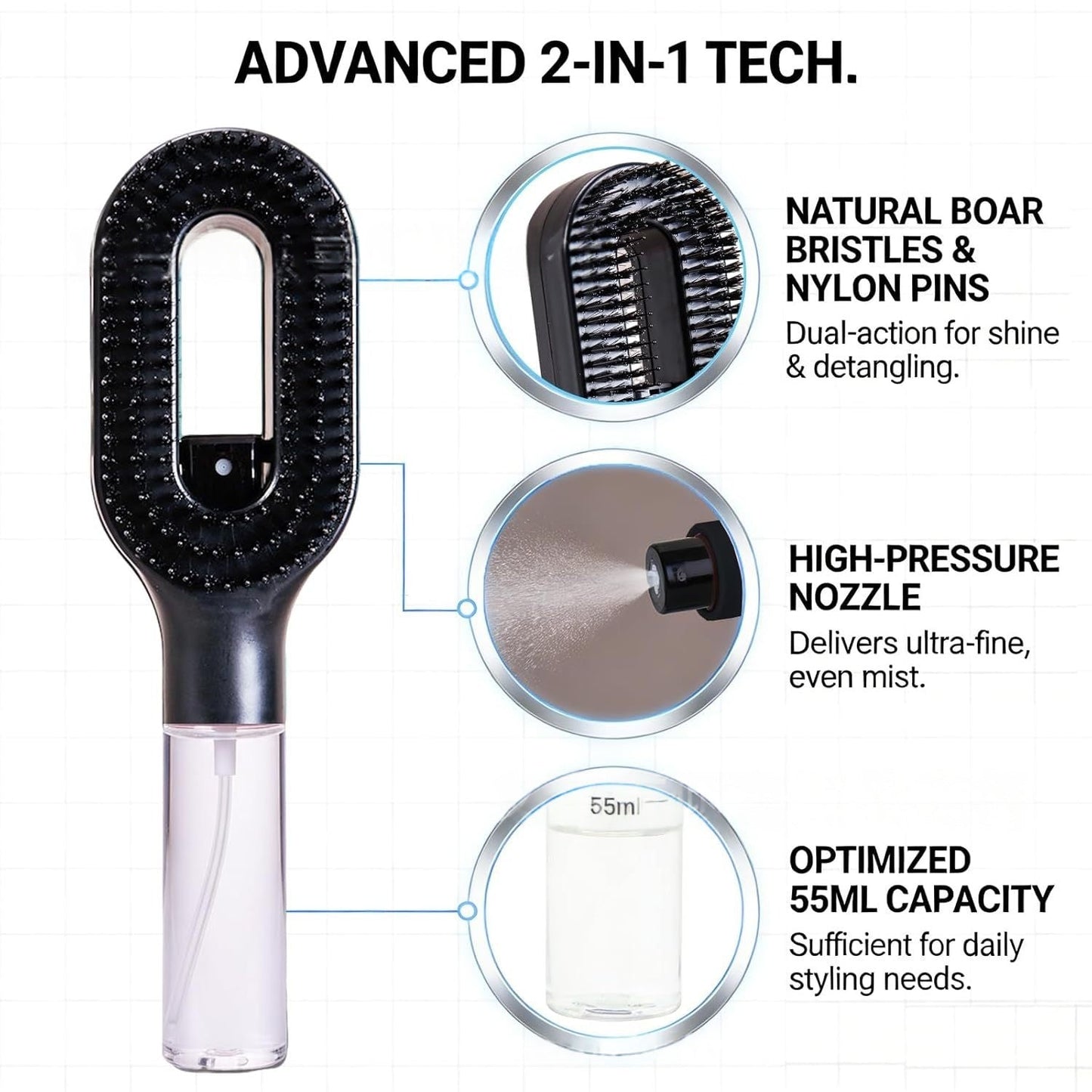 2-in-1 Mist Spray Detangling Hairbrush – Scalp Massage & Anti-Static Care